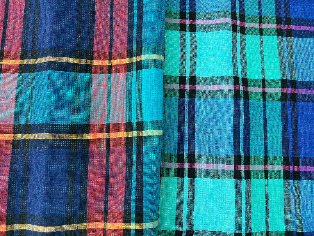 Double-Face Linen Cotton Plaid Fabric | Reversible Solid Back | 52"  7718 7719