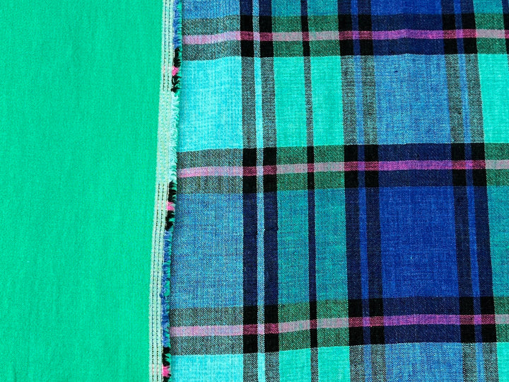 Double-Face Linen Cotton Plaid Fabric | Reversible Solid Back | 52"  7718 7719