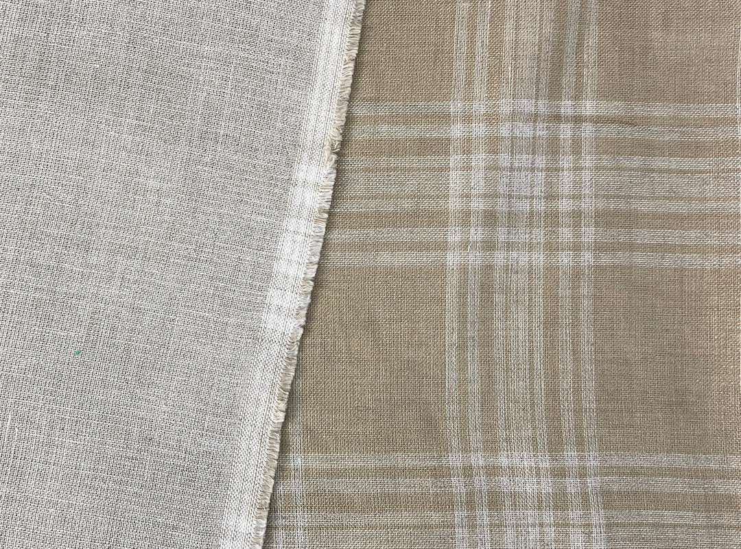 Natural Plaid Double-Face Linen Fabric | Reversible Solid Back | 52" 6264