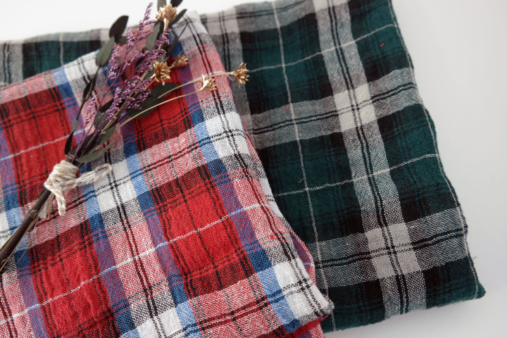 Linen Plaid Fabric with Wrinkle Effect (7150 7151) - The Linen Lab - Red