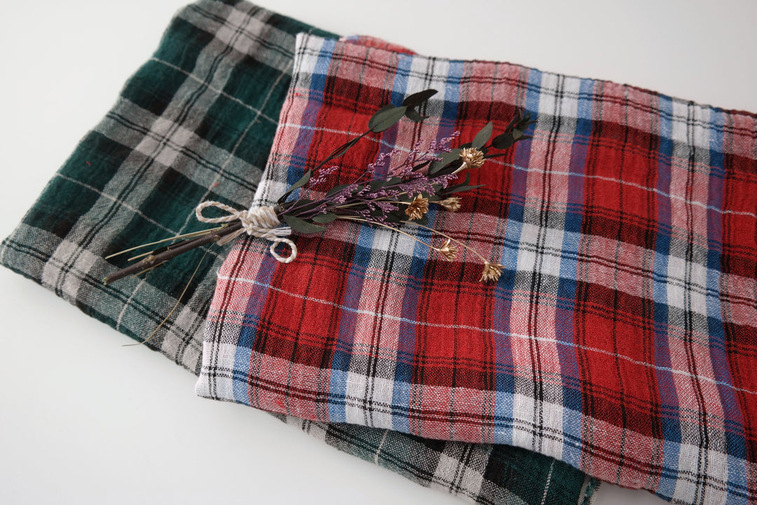 Linen Plaid Fabric with Wrinkle Effect (7150 7151) - The Linen Lab - Red