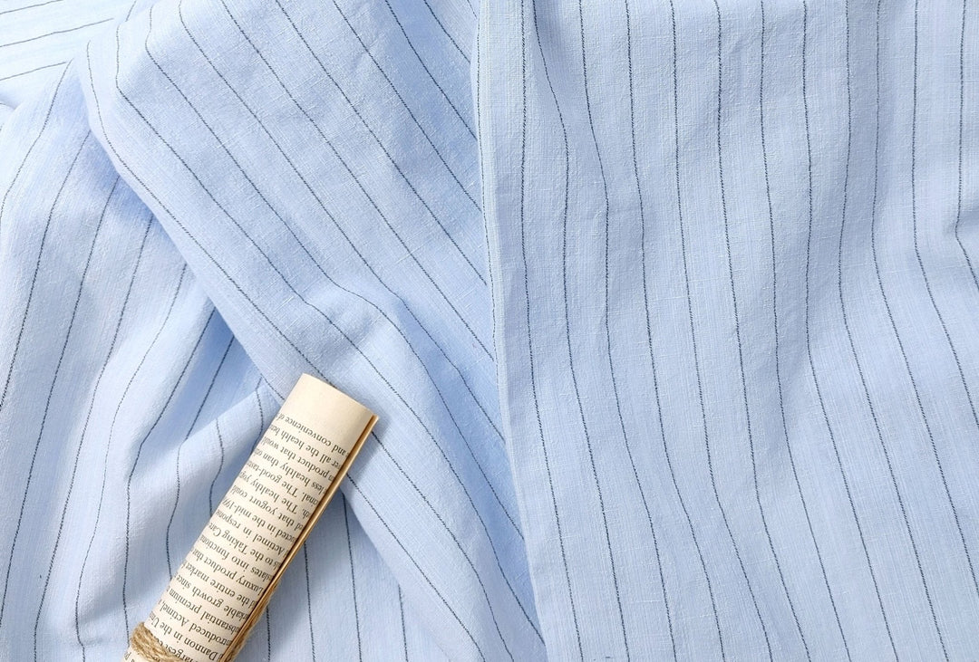 Airy Stripes: Linen with High-Twisted Cotton Lightweight Stripe Fabric 6109 6110 6111 6049 - The Linen Lab - Blue