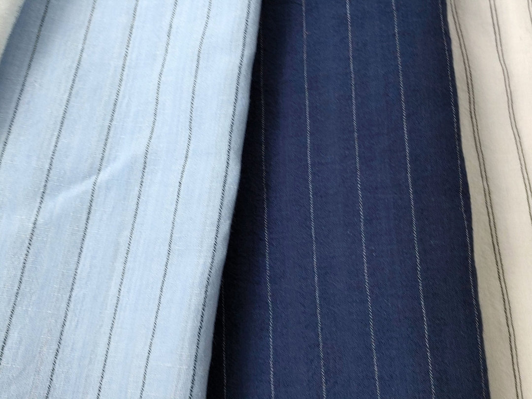 Airy Stripes: Linen with High-Twisted Cotton Lightweight Stripe Fabric 6109 6110 6111 6049 - The Linen Lab - Navy
