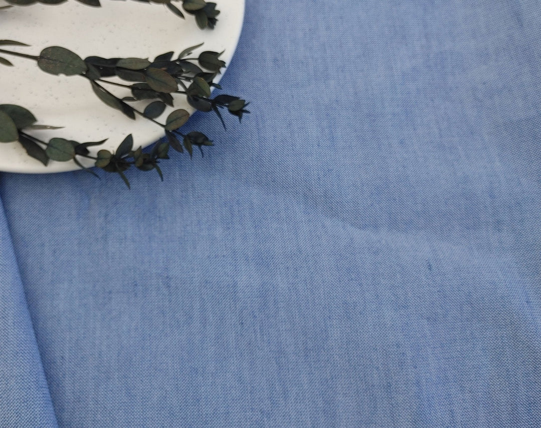 Blue Harmony Linen Blend: Stretch Dobby Chambray Fabric 3960 - The Linen Lab - Blue