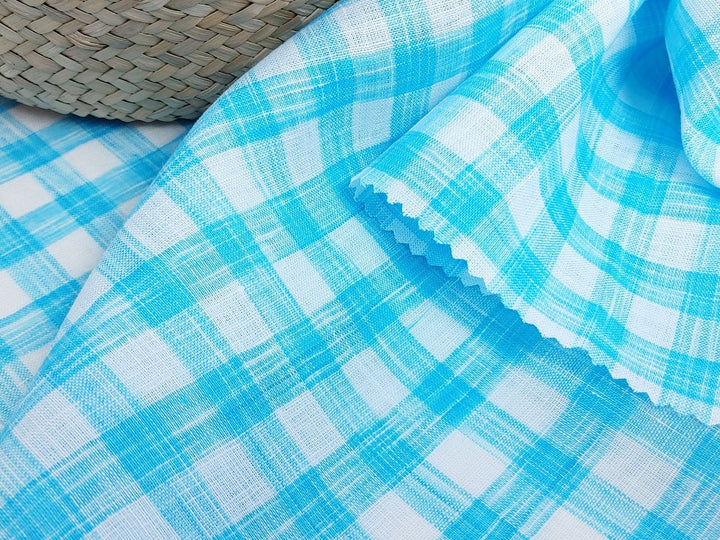 Blue Melange Check Lightweight 100% Linen Fabric 4671 - The Linen Lab - Blue