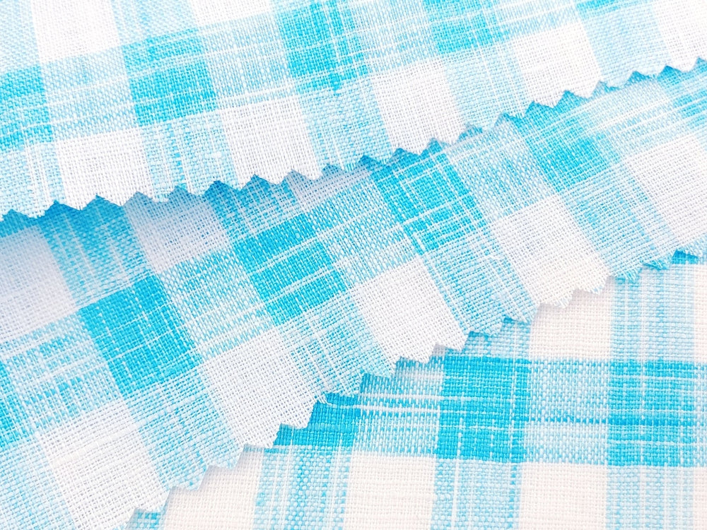 Blue Melange Check Lightweight 100% Linen Fabric 4671 - The Linen Lab - Blue