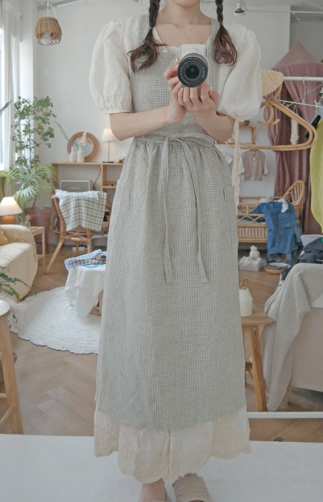 Linen Cross Back Apron with Small Gingham Check - The Linen Lab - Light Green