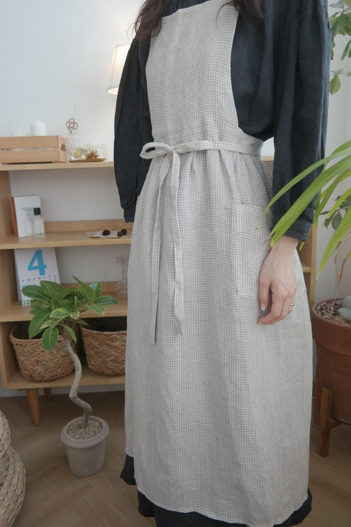 Linen Cross Back Apron with Small Gingham Check - The Linen Lab - Light Green