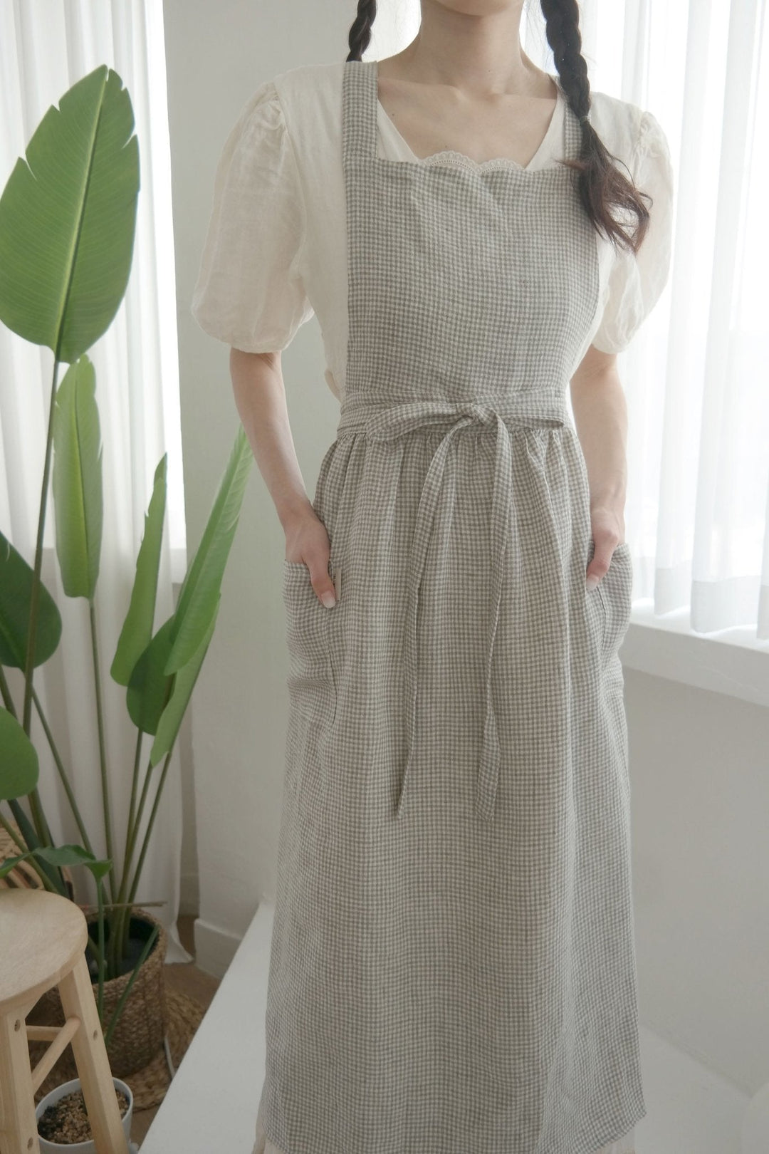 Linen Cross Back Apron with Small Gingham Check - The Linen Lab - Light Green