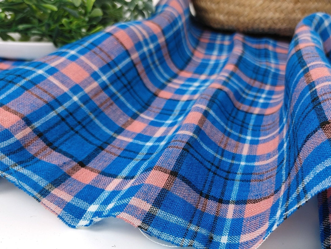 Contemporary Blue Tartan Plaid: 100% Linen Fabric, Medium-Light Weight 7570 - The Linen Lab - Blue