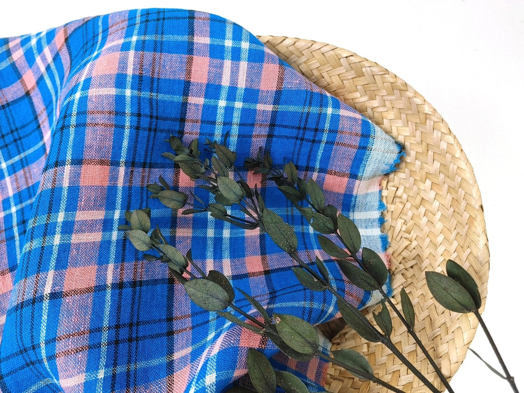 Contemporary Blue Tartan Plaid: 100% Linen Fabric, Medium-Light Weight 7570 - The Linen Lab - Blue