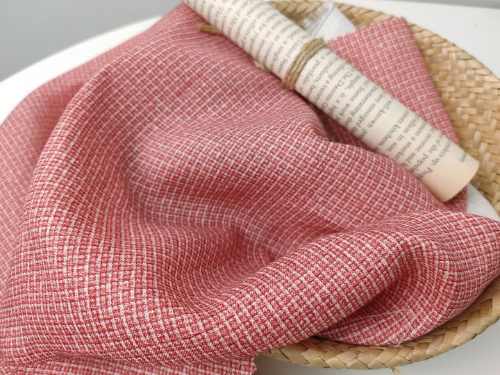 Crimson Tweed Elegance: 100% Linen Printed Fabric - The Linen Lab - Red