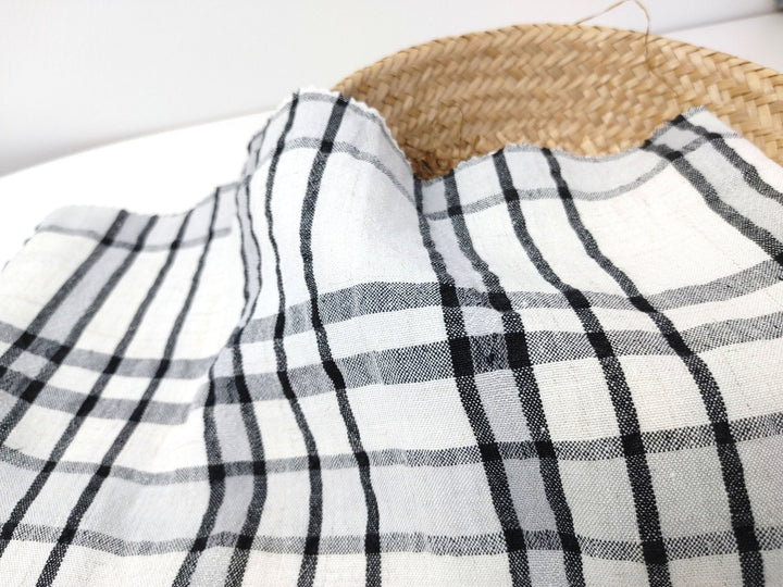 Crisp Handfeel Linen Rayon Plaid Fabric - Ivory & Black 6395 - The Linen Lab - Ivory & Black