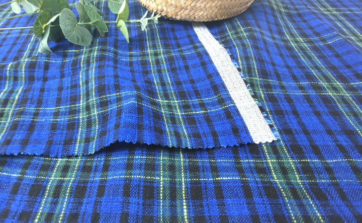 Dark Blue Plaid: 100% Linen Heavyweight Fabric 7755 - The Linen Lab - Blue