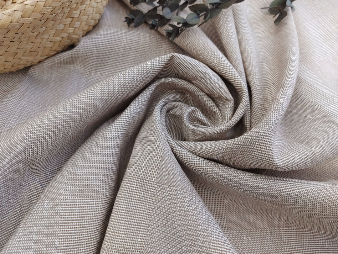 EaseBlend Beige Linen Stretch Fabric: Subtle Checkered Harmony 7295 - The Linen Lab - Beige