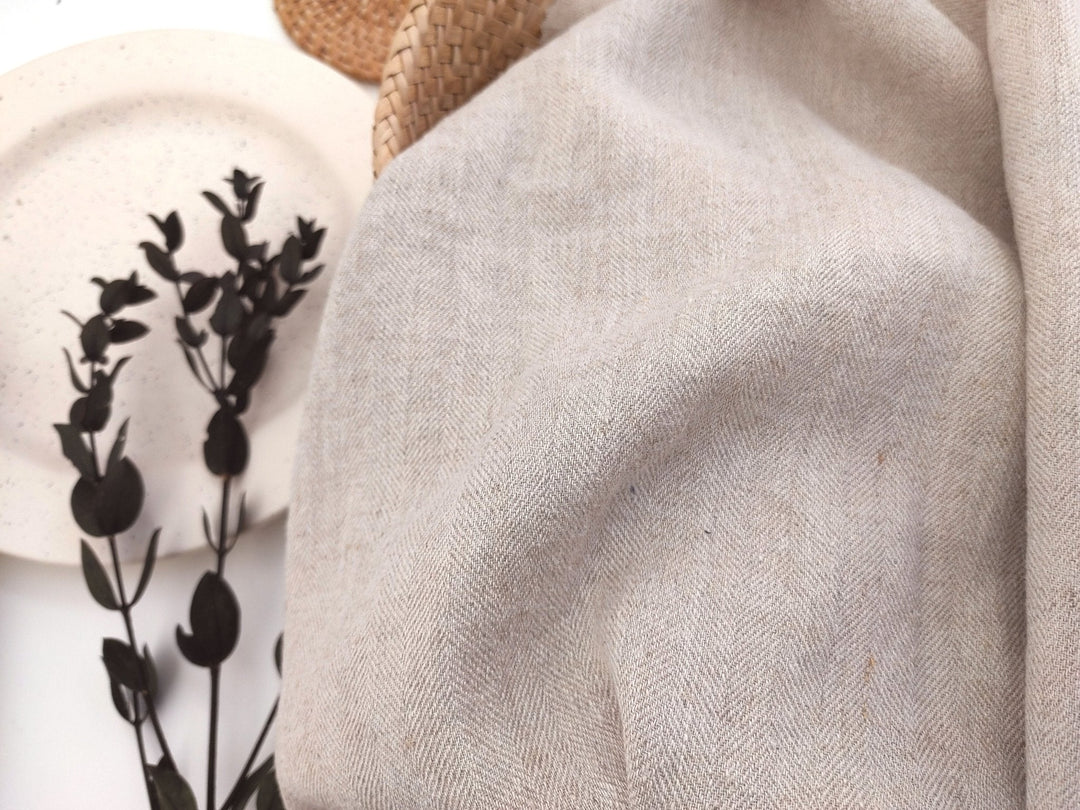 Harmony Hues: Natural Linen Polyester HBT Herringbone Twill Fabric 7730 - The Linen Lab - Natural
