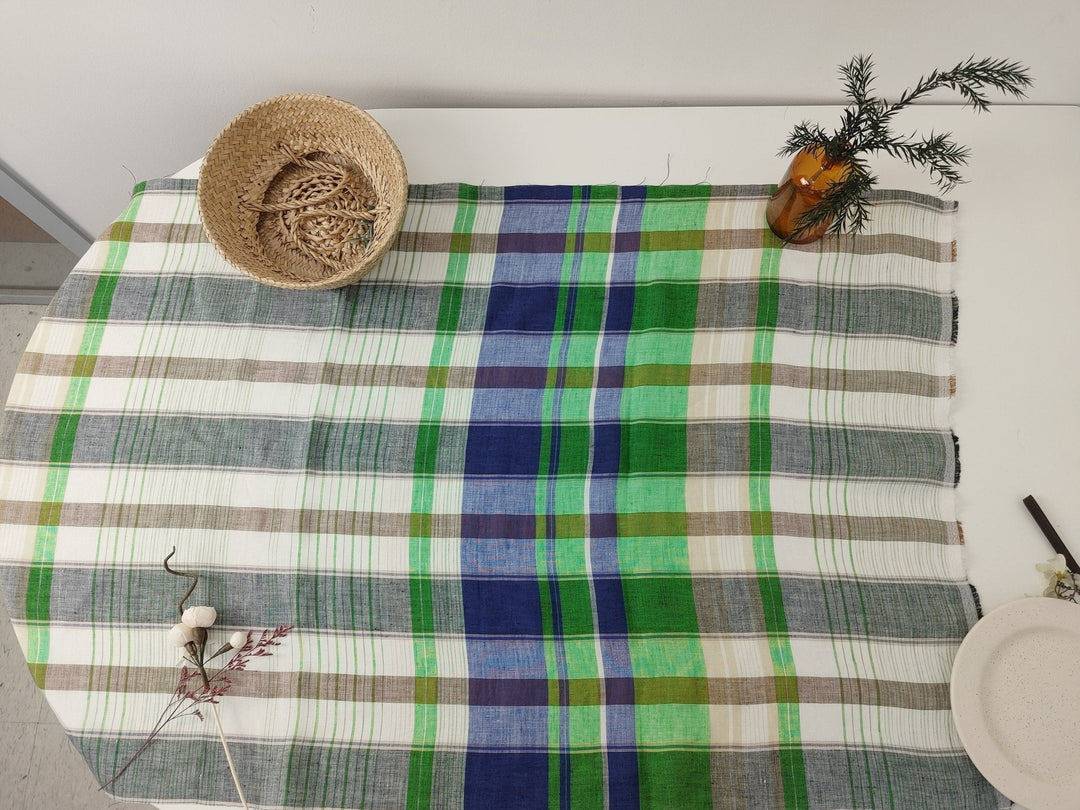 Hemp Big Plaid Fabric 7593 - The Linen Lab - Blue