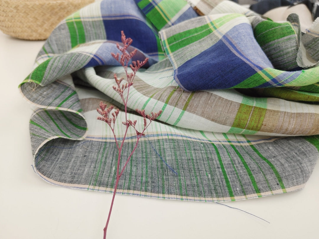 Hemp Big Plaid Fabric 7593 - The Linen Lab - Blue