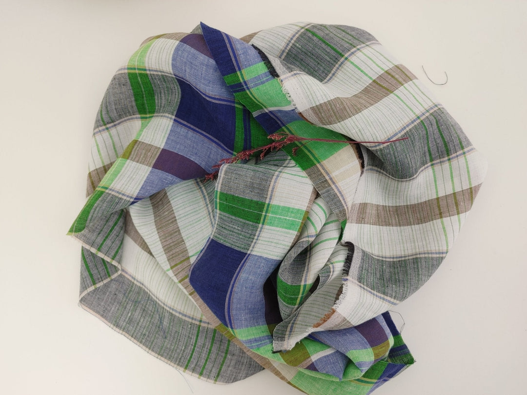 Hemp Big Plaid Fabric 7593 - The Linen Lab - Blue