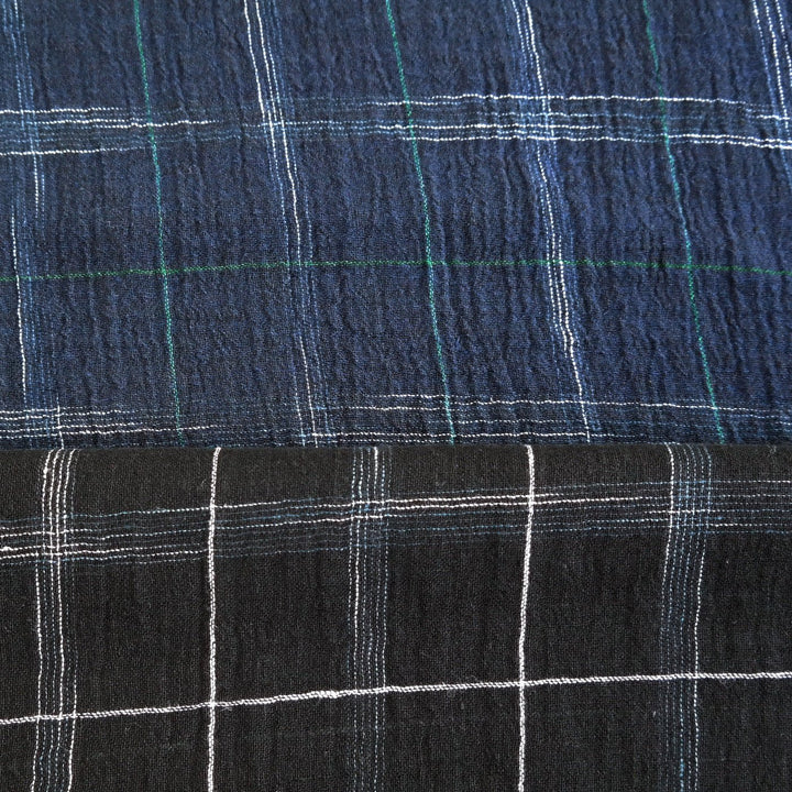 High Twisted Linen Fabric with Wrinkle Effect -Spaced Dyed Windowpane Check 6645 6688 - The Linen Lab - NAVY 6688