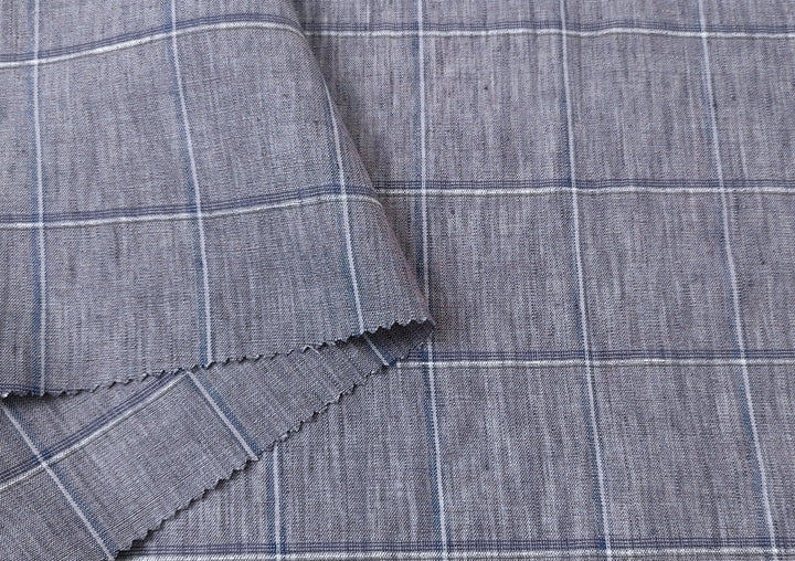 Lightweight Grey Window Pane Check: 100% Linen Fabric 3850 - The Linen Lab - Gray