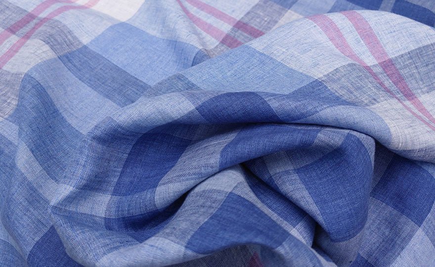 Linen Blue Big Check Fabric (4849) - The Linen Lab - Blue
