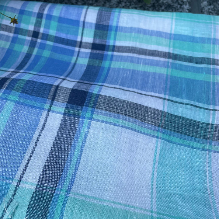 Linen Blue Navy Big Check Fabric (4106) - The Linen Lab - Blue