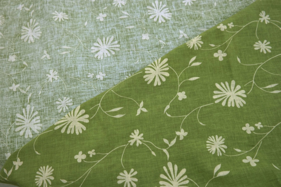 Linen Cotton Blended Fabric with Green Leaf Print (978) - The Linen Lab - Green
