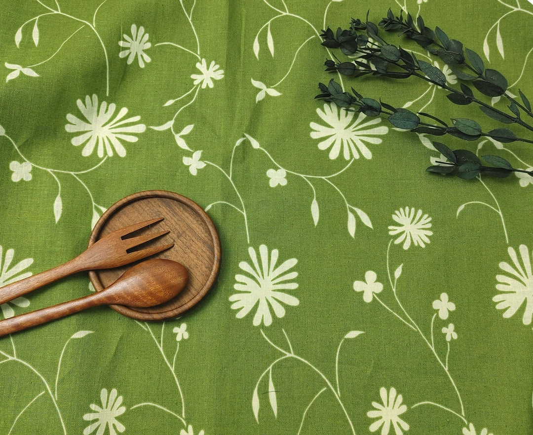 Linen Cotton Blended Fabric with Green Leaf Print (978) - The Linen Lab - Green