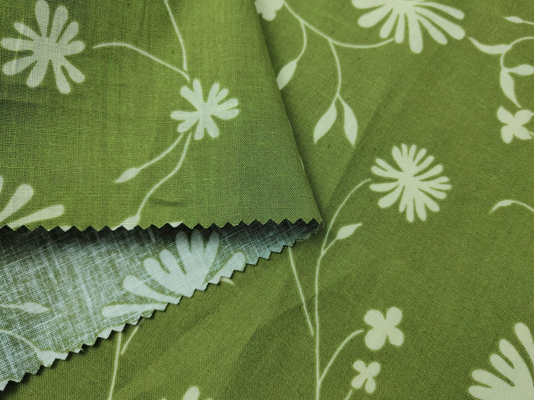 Linen Cotton Blended Fabric with Green Leaf Print (978) - The Linen Lab - Green