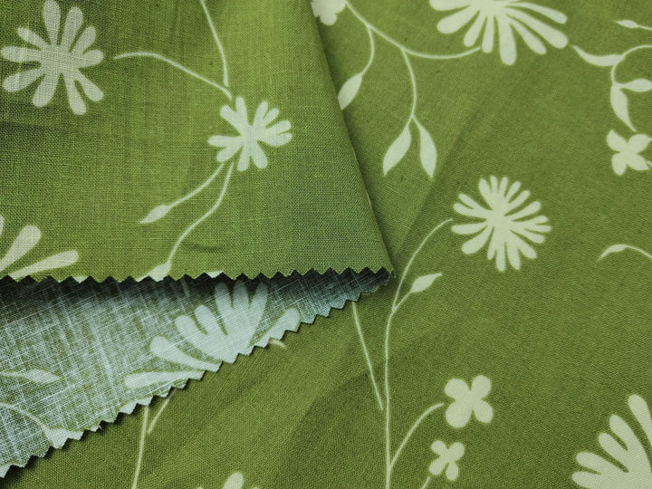Linen Cotton Blended Fabric with Green Leaf Print (978) - The Linen Lab - Green