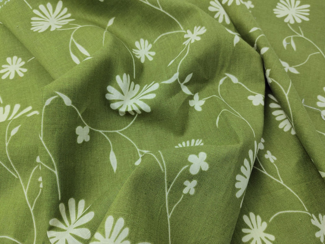Linen Cotton Blended Fabric with Green Leaf Print (978) - The Linen Lab - Green