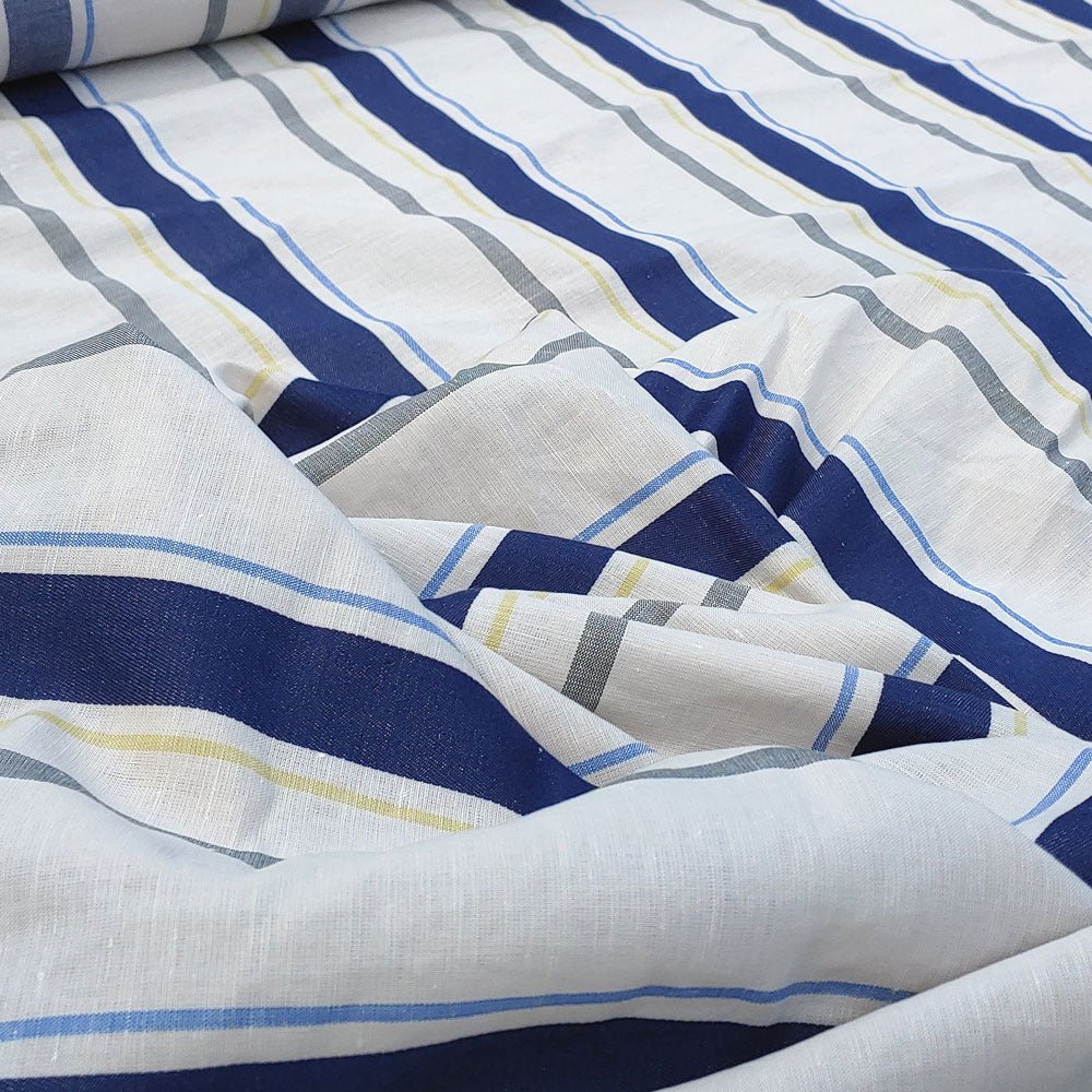 Linen Cotton Dobby Stripe Fabric (6396) - The Linen Lab - Beige with Navy