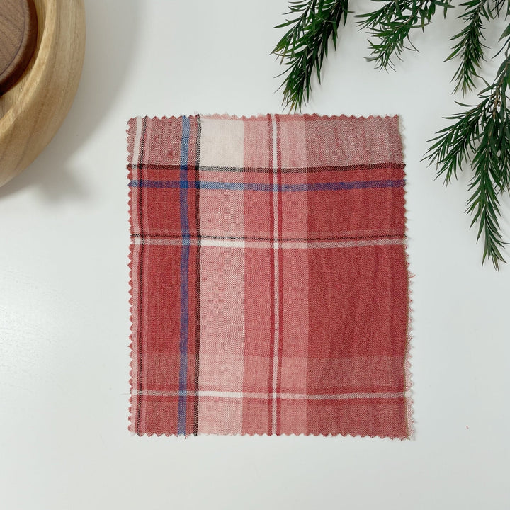 Linen Cotton Polyester Red Check Fabric (7159) - The Linen Lab - Red