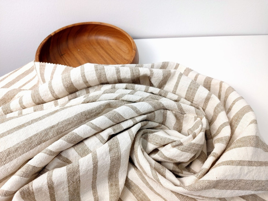 Linen Cotton PU Dobby Stripe Fabric with Stretch Effect 7372 - The Linen Lab - Beige