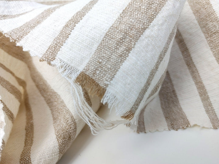 Linen Cotton PU Dobby Stripe Fabric with Stretch Effect 7372 - The Linen Lab - Beige