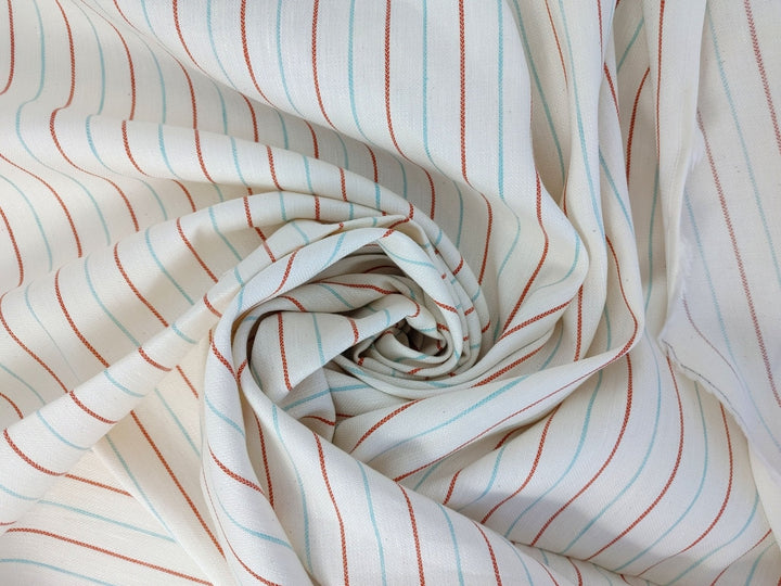 Linen Cotton Red Mint Ivory Stripe Fabric Medium Weight 2296 - The Linen Lab - Ivory