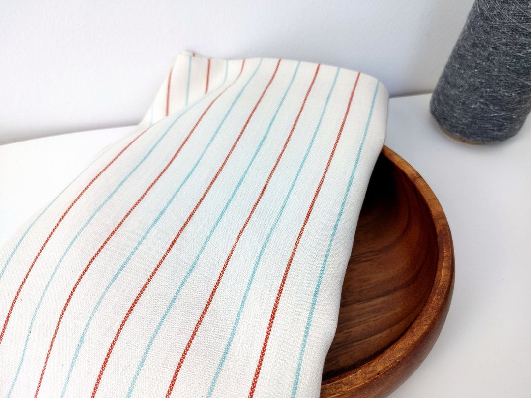 Linen Cotton Red Mint Ivory Stripe Fabric Medium Weight 2296 - The Linen Lab - Ivory
