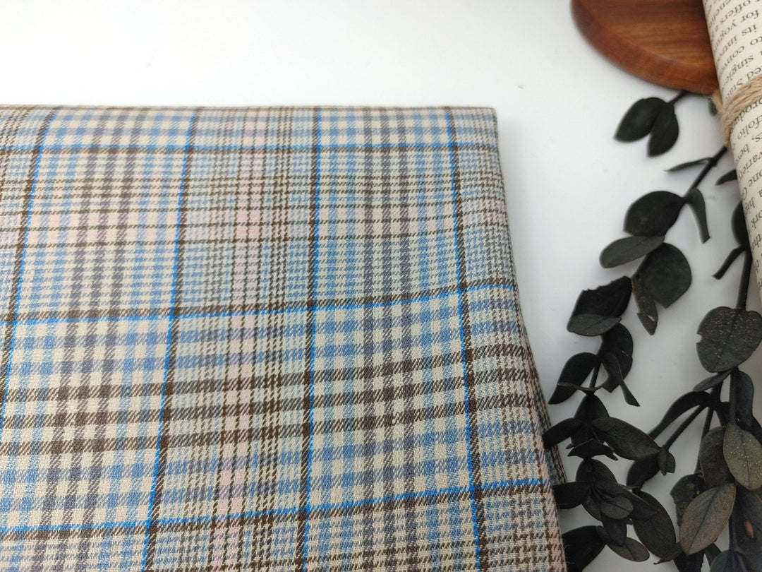 Linen Cotton Stretch Plaid Fabric 7520 - The Linen Lab - Beige