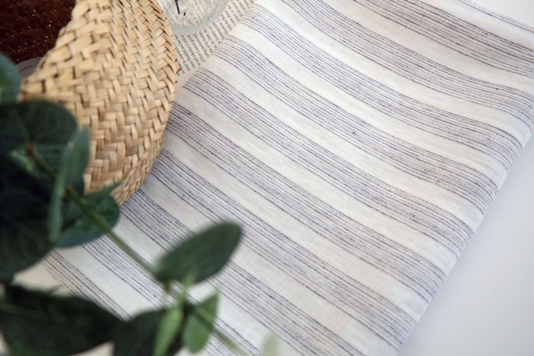 Linen Fabric with Melange Stripe 7203 - The Linen Lab - white with melange stripe