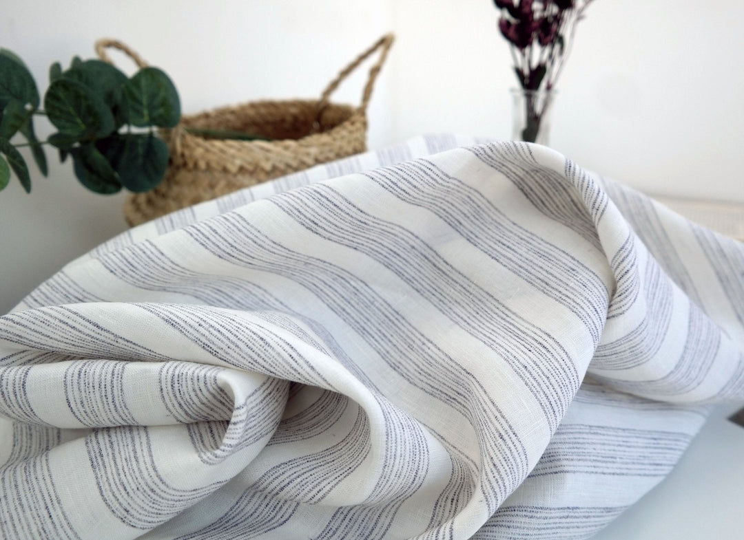 Linen Fabric with Melange Stripe 7203 - The Linen Lab - white with melange stripe
