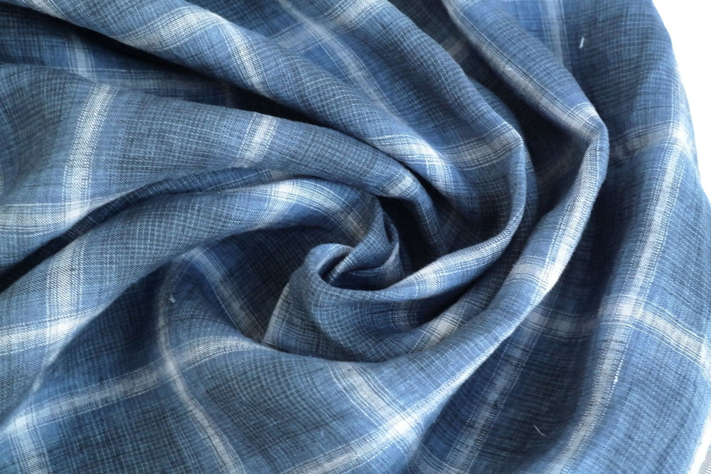 Linen Gradation Plaid Fabric (7324) - The Linen Lab - navy
