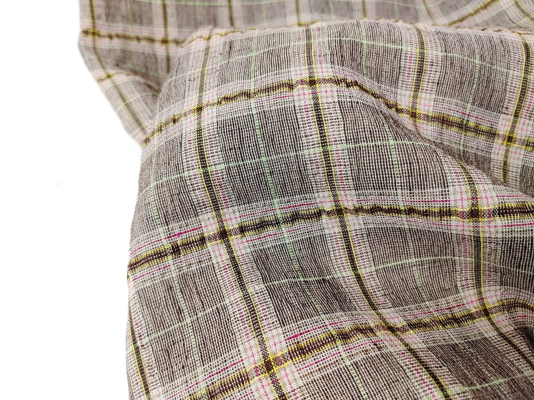 Linen Polyester Stretch Fabric with Wrinkle Effect Tartan Plaid 7754 - The Linen Lab - Brown
