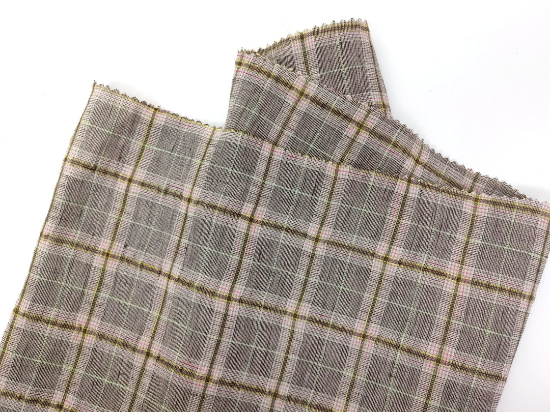 Linen Polyester Stretch Fabric with Wrinkle Effect Tartan Plaid 7754 - The Linen Lab - Brown