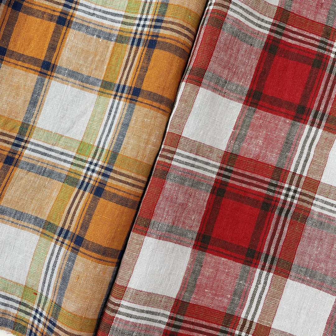 Linen Red Orange Big Check Fabric 7131 7130 - The Linen Lab - 7131 ORANGE
