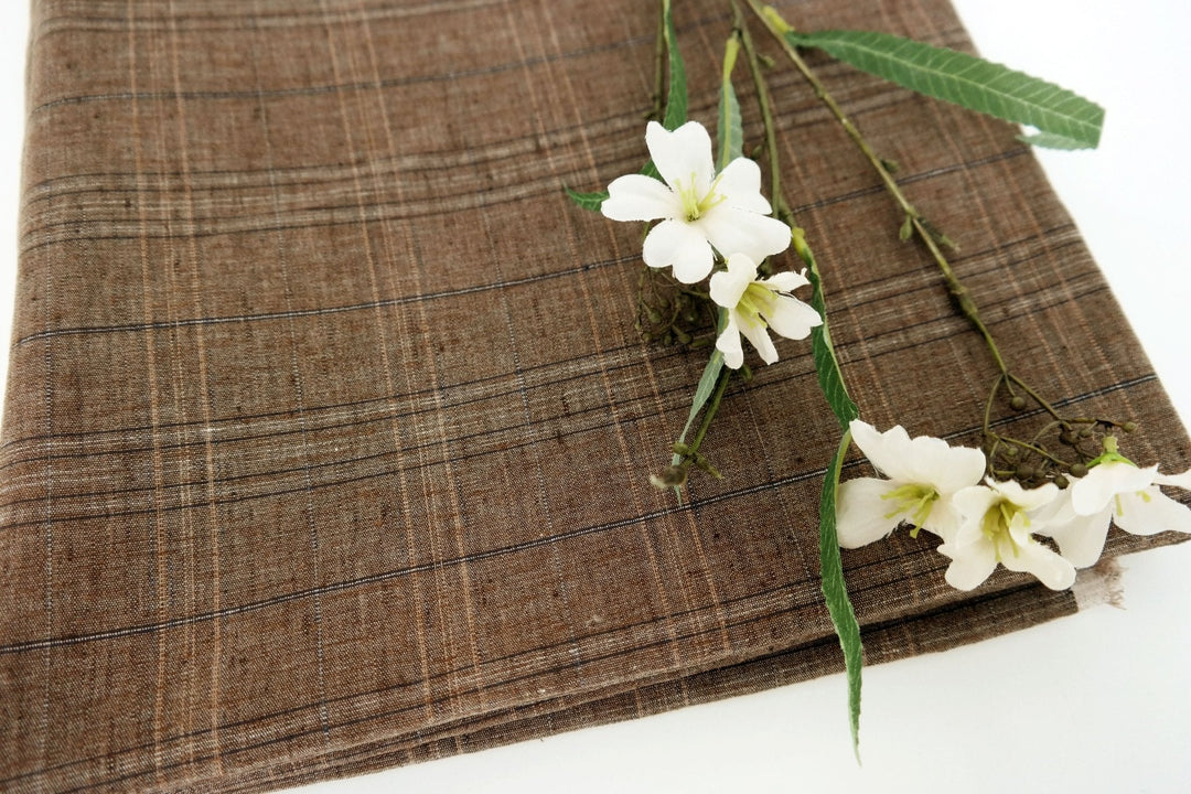 Linen Stretch Brown Plaid Fabric 7105 - The Linen Lab - BROWN