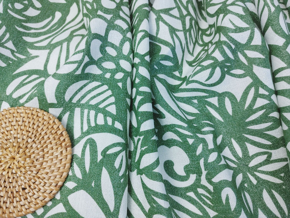 Linen Tencel Lurex Blend Fabric in Green Leaf Print 4082 - The Linen Lab - Green