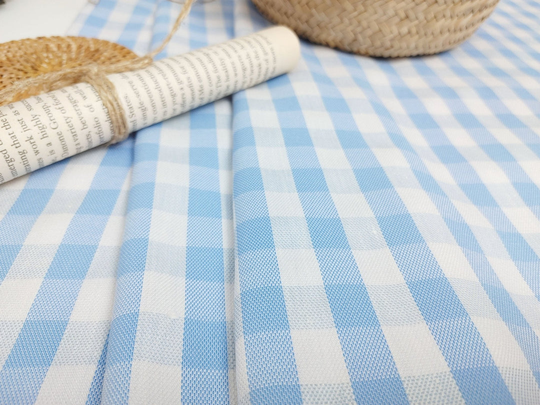 Linen Twill Stretch Fabric with Gingham Check - Medium Weight 7633 7634 - The Linen Lab - Blue
