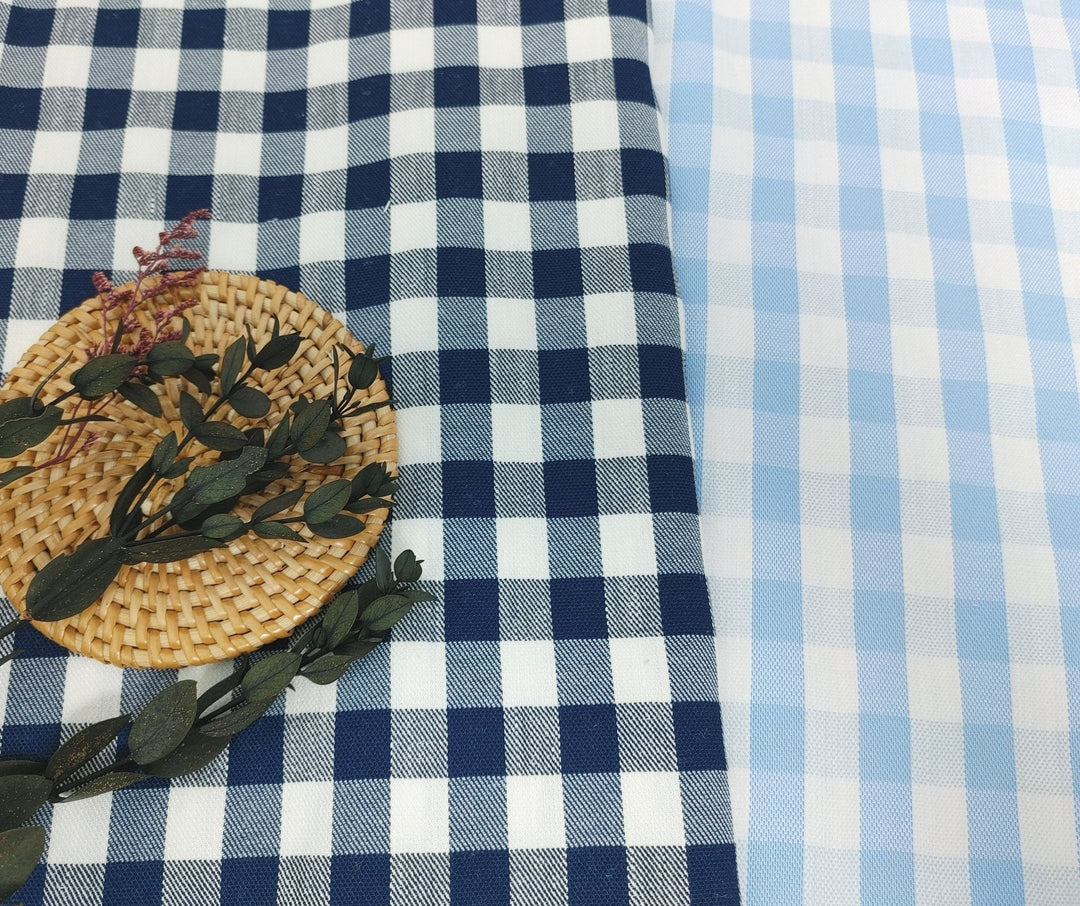 Linen Twill Stretch Fabric with Gingham Check - Medium Weight 7633 7634 - The Linen Lab - Navy