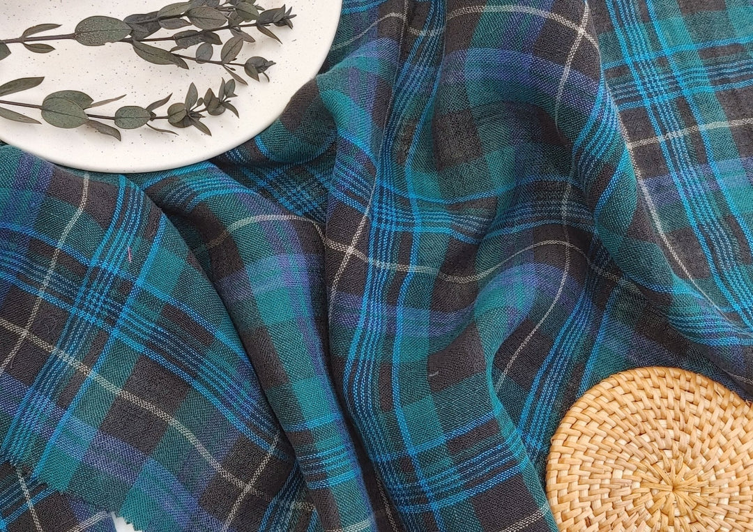Mystic Forest Noir: Linen Polyester Twisted Black-Green Plaid Fabric 7327 - The Linen Lab - Green(Dark)